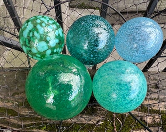 Sea Foam Glass Floats, Set of 5 Turquoise Green Aqua Blue Balls Coastal Nautical Garden Interior Design Decor Orb Spheres, Avalon Glassworks