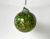 Small Glass Ornament, Hand Blown 2.25" Decoration, Transparent Green, Red Beige Flecks, Sun Catcher, Christmas Ball, Hook, Avalon Glassworks