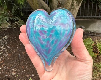 Turquoise Purple Lavender Glass Heart, Solid Heart-Shaped Paperweight Sculpture, Love Friendship Romance Valentine Gift, Avalon Glassworks