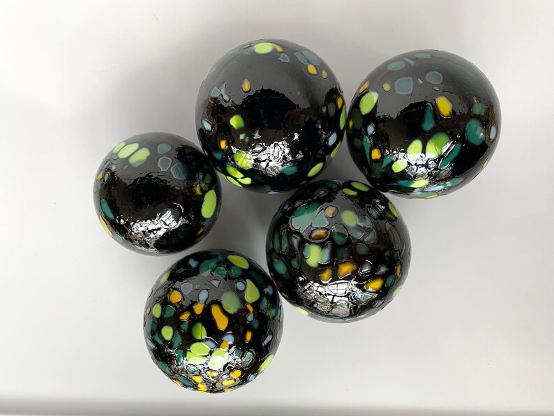 End-of-the-Day Mix Blown Glass Balls, Set of 5 Black Floats, 2.53 Garden Decor, Outdoor Art Spheres, Basket Filler, Avalon Glassworks image 9