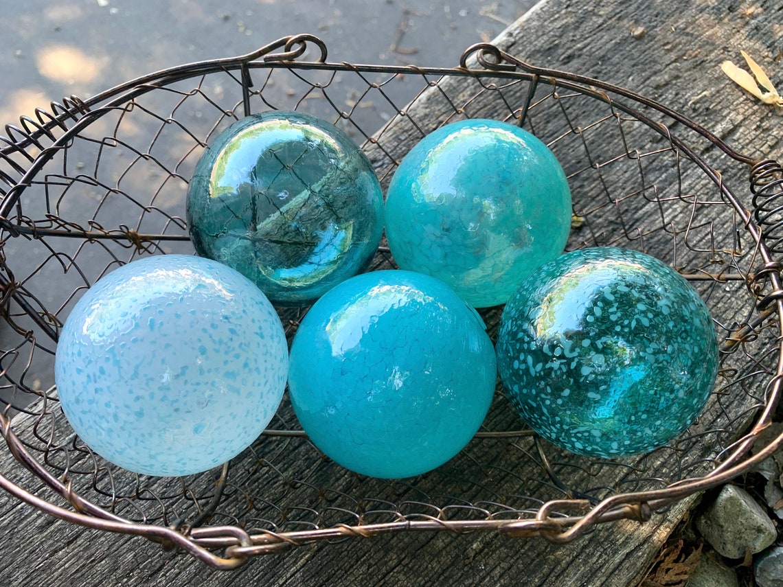 Turquoise Teal Aqua Blue Hand Blown Glass Balls Set of Five Etsy