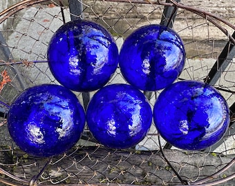 Cobalt Blue Glass Floats, Set of 5 Small Hand Blown Glass Balls, Transparent Dark Blue, Home Garden Office Outdoor Decor, Avalon Glassworks