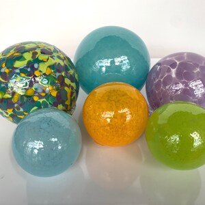 Spring Colors, Hand Blown Glass Floats Set of 6, Bright Green Turquoise Purple Yellow, Garden Art Balls, Floating Spheres, Avalon Glassworks image 10