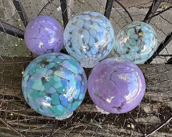 Purple Green Blue Turquoise Glass Balls, Set of 5 Hand Blown Floats, Interior Design Spheres Coastal Garden Pond Art Orbs, Avalon Glassworks