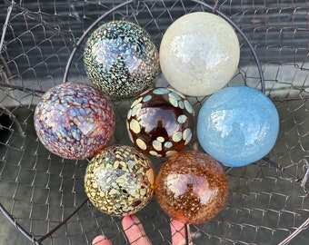Earth Tone Blown Glass Floats, Set of 7 Natural Color Balls, Burgundy Red Brown Blue Beige, Interior Design Art Spheres, Avalon Glassworks