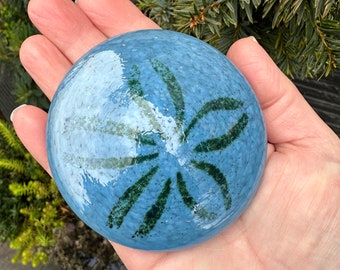 Blue Glass Sand Dollar Sculpture, 3" Seashell Paperweight Table Decor, Beach Coastal Ocean Shore Aquatic Sea Shell Art, Avalon Glassworks