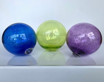 Sea Glass Balls, Blue Purple Green, Set of 3 Hand Blown Floats, Interior Design Spheres Floating Nautical Garden Art Orbs, Avalon Glassworks