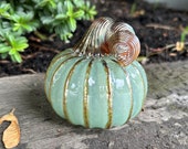 Sage Green Blown Glass Pumpkin, 3.5" Gourd Sculpture, Gold Brown Ribs Coil Stem, Thanksgiving Halloween Autumn Fall Decor, Avalon Glassworks