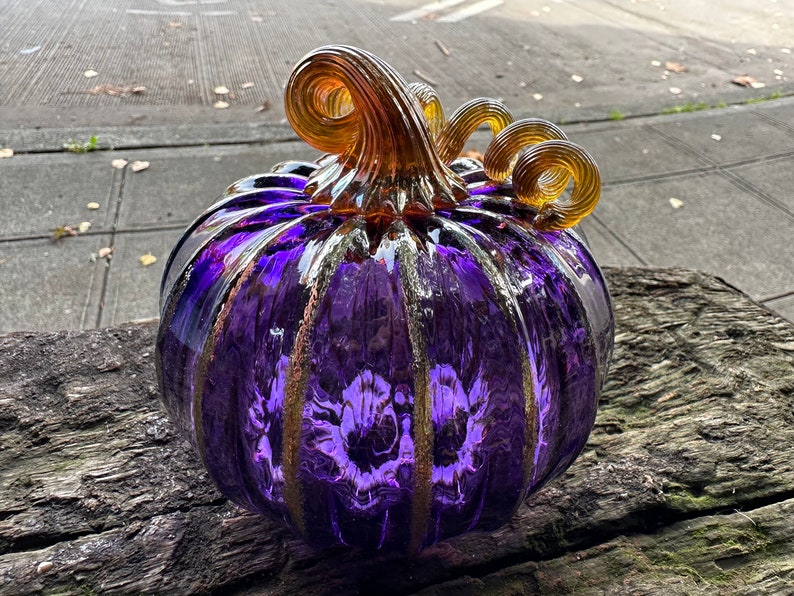 Purple & Gold Hand Blown Glass Pumpkin, 4.5 Decorative Squash Sculpture, Metallic Ribs Coil Stem, Halloween Autumn Fall, Avalon Glassworks image 7