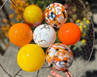 Larger Goldfish Floats, Set of 7 Blown Glass Balls, 3.25"-4" Interior Design Spheres Orange White Yellow Garden Pond Orbs, Avalon Glassworks