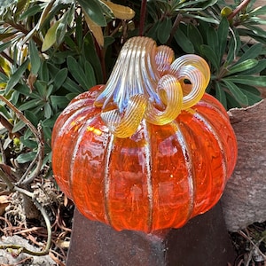 Hand Blown Glass Orange & Gold Pumpkin: Halloween Autumn Decor, 4.25&quot; Sculpture - Avalon Glassworks