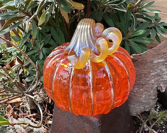 Orange & Gold Blown Glass Pumpkin: Autumn Decoration, 4.25" Sculpture - Avalon Glassworks