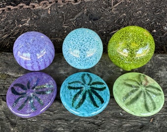 Glass Sand Dollars & Floats, Set of 6 Turquoise Purple Green Beach Sculptures Paperweights, Coastal Art Sea Shell Decor, Avalon Glassworks