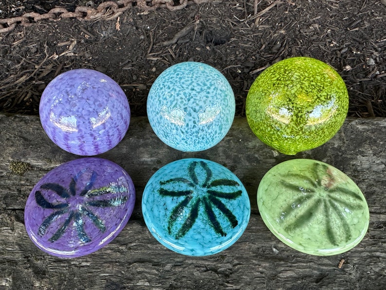 Glass Sand Dollars & Floats, Set of 6 Turquoise Purple Green Beach Sculptures Paperweights, Coastal Art Sea Shell Decor, Avalon Glassworks image 1