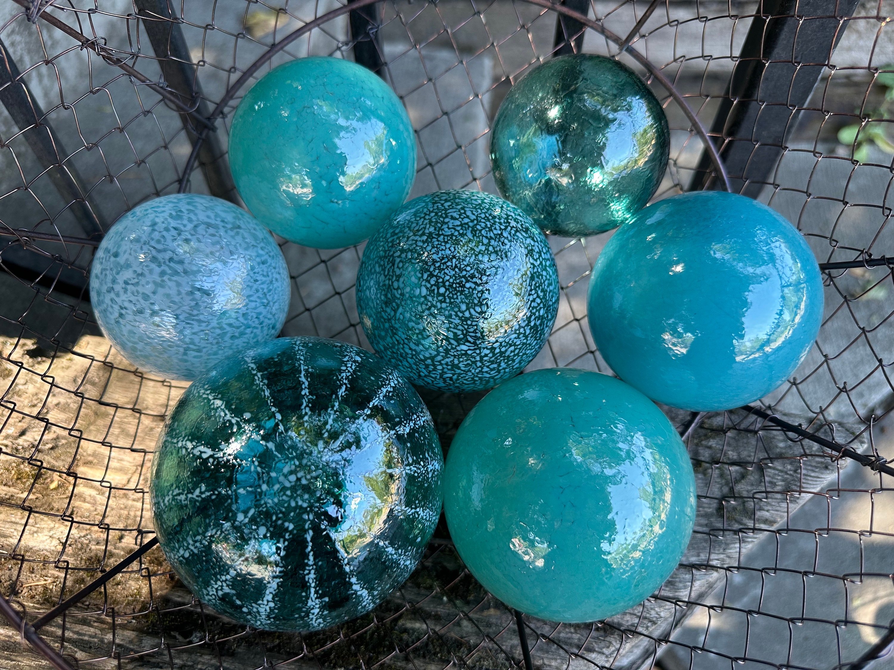 Turquoise Aqua Blue Hand Blown Glass Balls Set of 7 Nautical