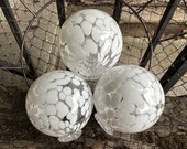White Spots on Clear Glass Floats, Set of 3 Hand Blown Balls, Outdoor Garden Art Spheres, Table Centerpiece Globes Decor, Avalon Glassworks