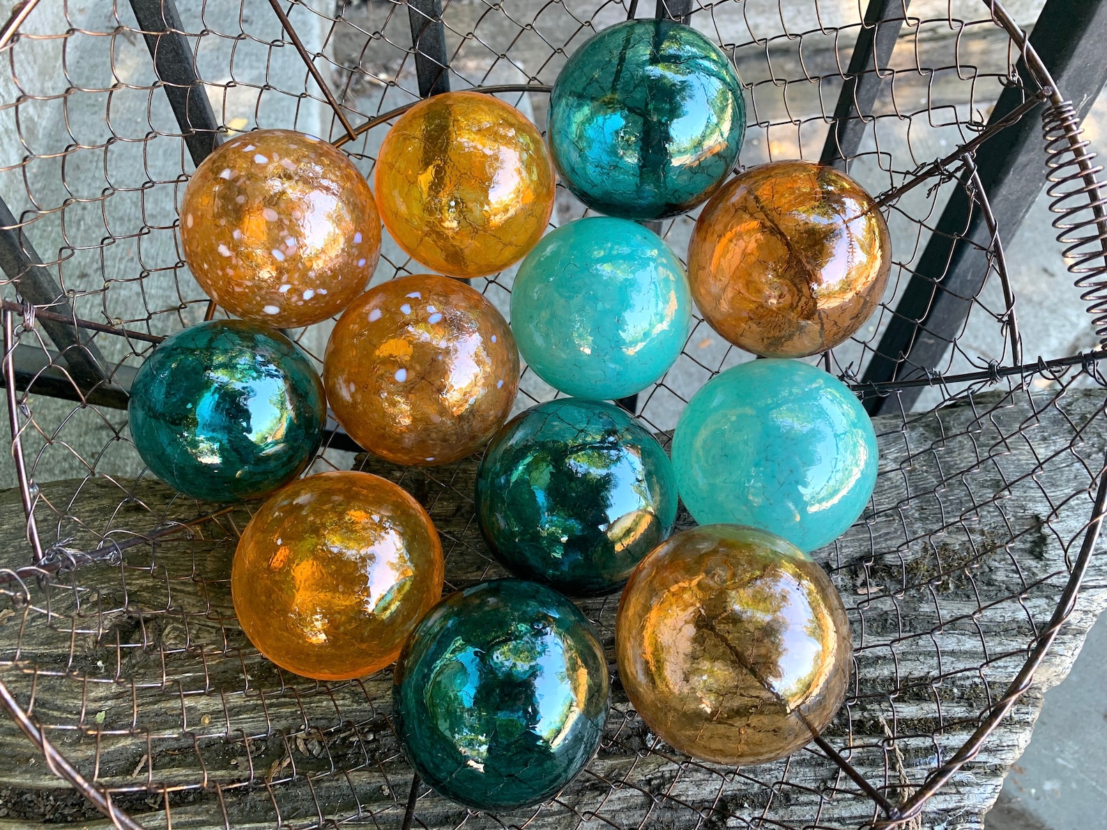 Teal and Orange Hand Blown Glass Balls Set of 12 Small Garden Etsy
