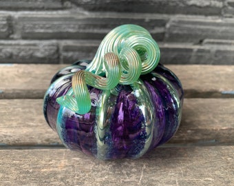 Purple & Ice Blue Glass Pumpkin, 4" Decorative Blown Sculpture, Metallic Ribs Coil Stem, Autumn Thanksgiving Centerpiece, Avalon Glassworks