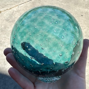 Aqua Blown Glass Float: Turquoise Blue Green Encased Bubbles, 4.25" Orb - Avalon Glassworks