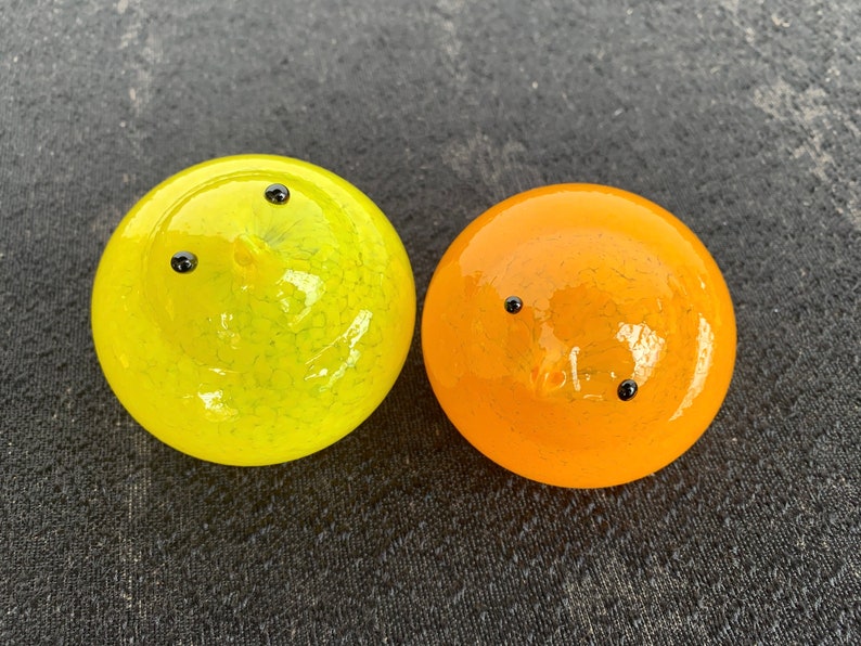 Set of Two Very Cute Hand Blown Bird Sculptures Avalon Glassworks Yellow and Orange Glass Chicks Easter Mantel Tabletop Spring Decoration