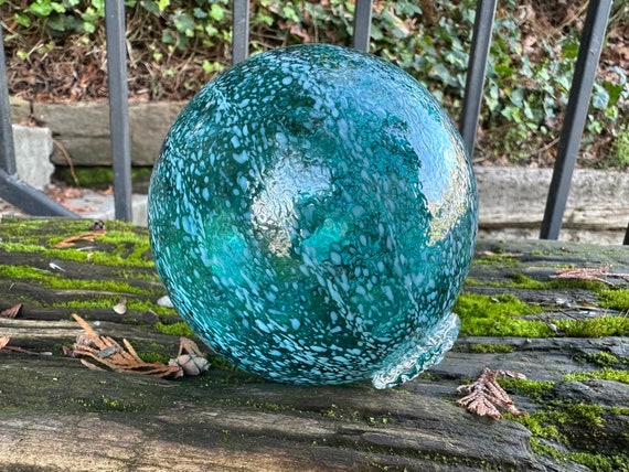 Blown Glass Float, Aqua Blue Green Transparent Turquoise, Dot Stripe, 4 Decorative  Sphere, Outdoor Garden Orb Art Ball, Avalon Glassworks 