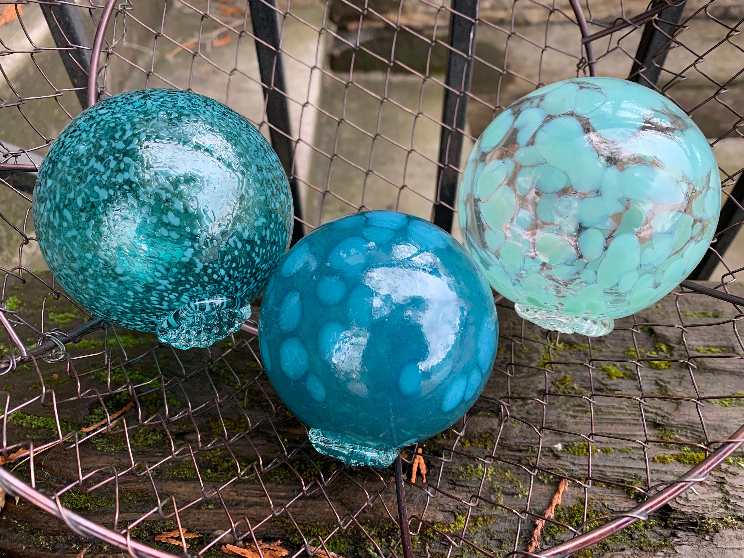 Aqua Blue Green Turquoise Glass Floats, Set of 3 Hand Blown Garden