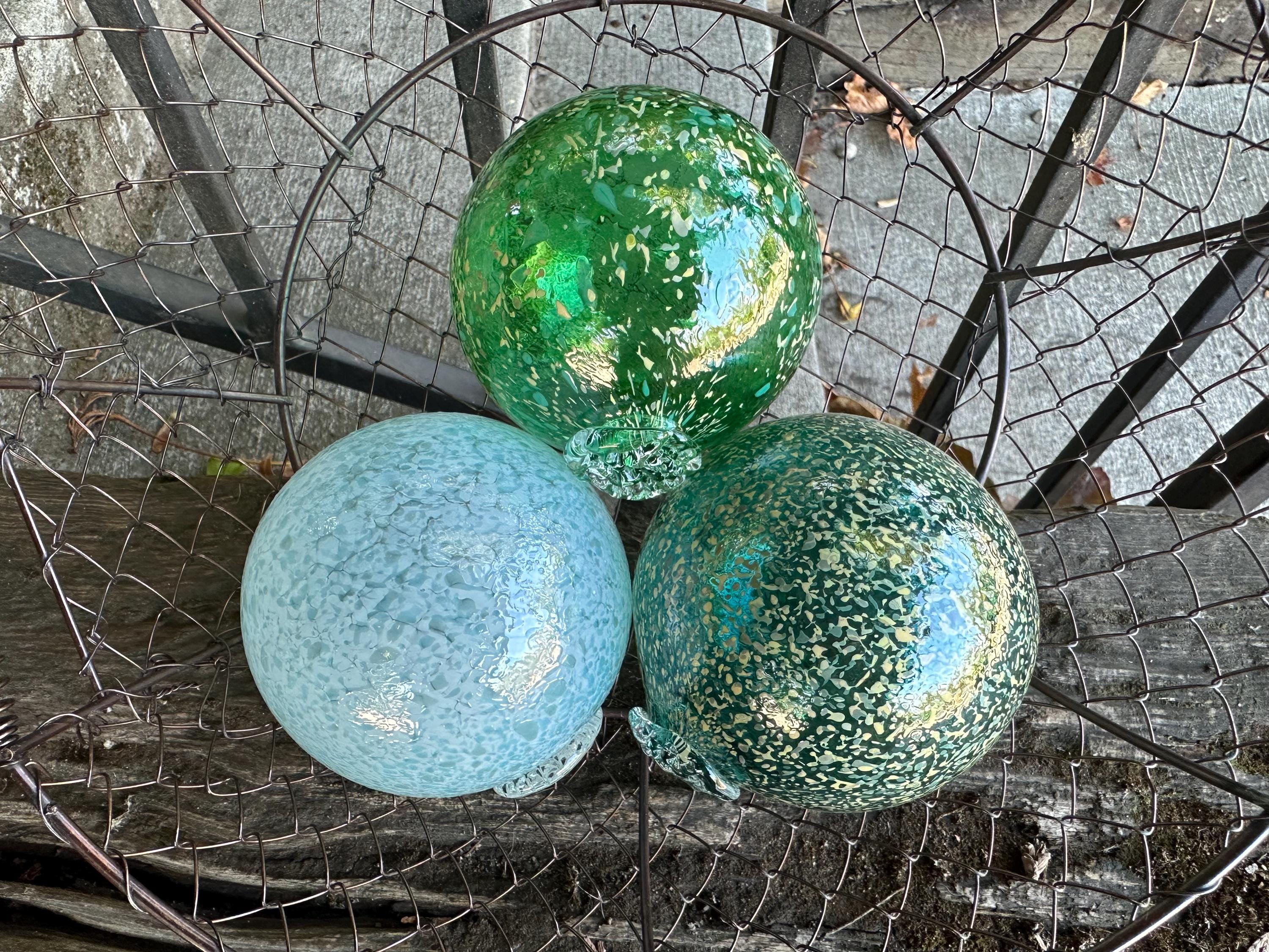 Green & Blue Blown Glass Floats Set Of 3 Turquoise Coastal Decor Balls, 3.5" Orbs - Avalon Glassworks