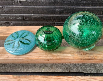 Green Sea Life Set, 3 Aquatic Art Glass Decor Sculptures, Sea Urchin Shell, Blown Glass Float, Sand Dollar Paperweight, Avalon Glassworks