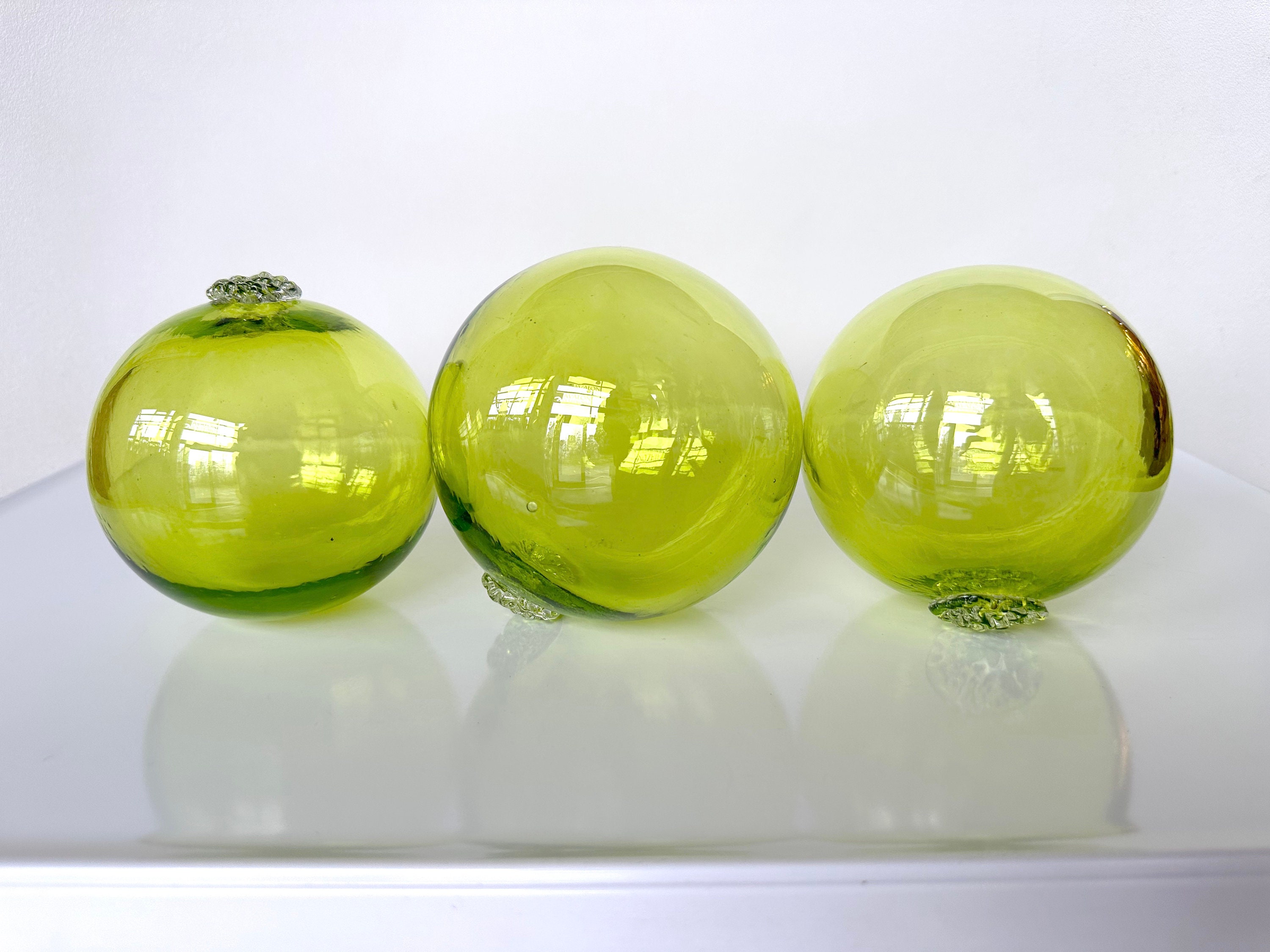 Green Glass Floats, Set of 3 Hand Blown Garden Art Balls, 4
