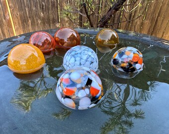 Little Goldfish, Set of 7 Hand Blown Glass Balls, 2.75" Interior Design Garden Art Pond Spheres Orange White Black Floats, Avalon Glassworks