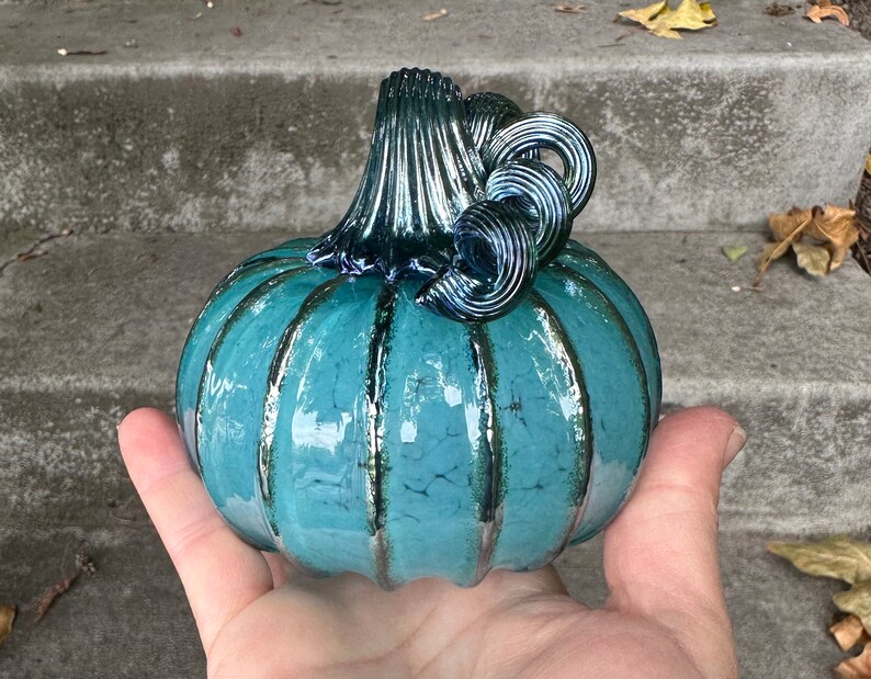 Turquoise Silver Blue Blown Glass Pumpkin 3.75 image 2