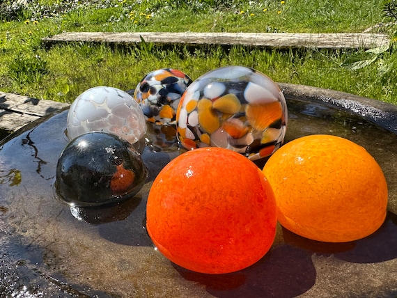 Goldfish Pond Floats, Set of 6 Hand Blown Glass Outdoor Decor Balls 2.54.5  Orange White Black Koi Fish Art Orb Spheres, Avalon Glassworks 