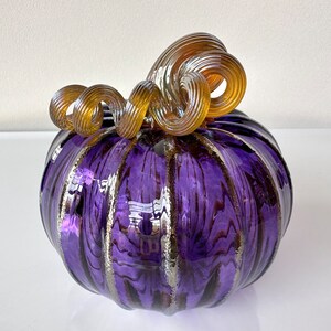 Purple & Gold Hand Blown Glass Pumpkin, 4.5 Decorative Squash Sculpture, Metallic Ribs Coil Stem, Halloween Autumn Fall, Avalon Glassworks image 5