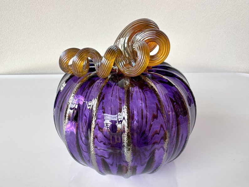 Purple & Gold Hand Blown Glass Pumpkin, 4.5 Decorative Squash Sculpture, Metallic Ribs Coil Stem, Halloween Autumn Fall, Avalon Glassworks image 5