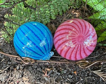 Pink Blue Stripe Glass Floats, 3" Hand Blown Balls Set of 2, Coastal Garden Art Pond Orbs, Bright Interior Design Spheres, Avalon Glassworks