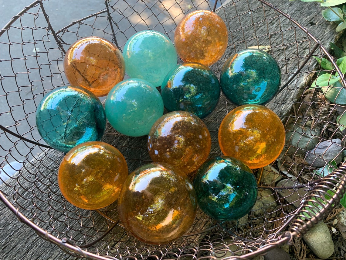 Teal and Orange Hand Blown Glass Balls Set of 12 Small Garden Etsy