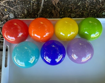 Primary & Secondary Color Set of 7 Glass Floats, Hand Blown Garden Balls, Interior Design Spheres, Avalon Glassworks