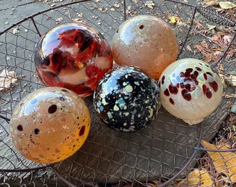 Natural Earth Tone Glass Floats, Set of 5 Hand Blown Balls, Brown Red Beige Gold Burgundy Garden Interior Design Spheres, Avalon Glassworks