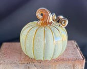 Sage Green Blown Glass Pumpkin Decoration: Gold Ribs & Stem, 4" Sculpture - Avalon Glassworks