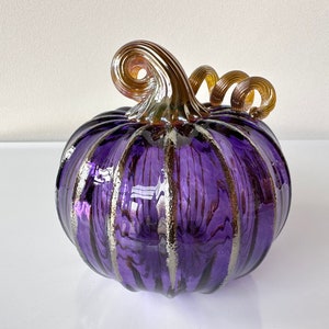 Purple & Gold Hand Blown Glass Pumpkin, 4.5 Decorative Squash Sculpture, Metallic Ribs Coil Stem, Halloween Autumn Fall, Avalon Glassworks image 4