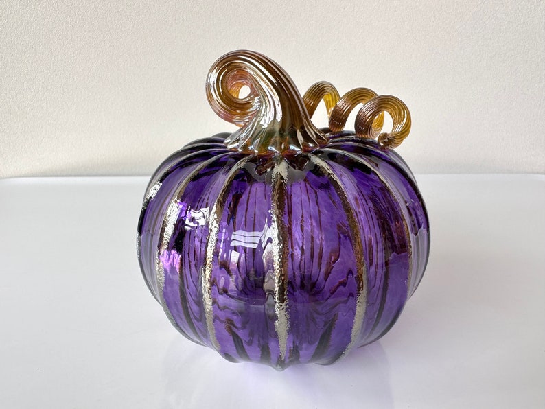 Purple & Gold Hand Blown Glass Pumpkin, 4.5 Decorative Squash Sculpture, Metallic Ribs Coil Stem, Halloween Autumn Fall, Avalon Glassworks image 4