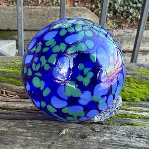 Hand Blown Cobalt Blue Spot Glass Garden Ball: Nautical Pond Decor, 3.5" Orb - Avalon Glassworks