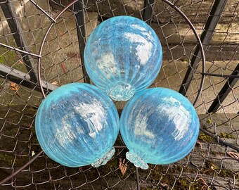 Jellyfish Floats, Set of 3 Blown Glass Garden Globe Balls, Translucent Light Blue 3.25" Coastal Ocean Beach Decor Spheres, Avalon Glassworks