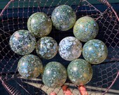 Green White Mix Floats, Set of 10 Blown Glass Balls, 2.75" Interior Design Garden Art Spheres Decor, Multi Color Speckle, Avalon Glassworks