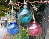 Blown Glass Fishing Float Ornaments, Set of Three 3" Decorative Hanging Balls, Nautical Outdoor Holiday Decor Sun Catchers Avalon Glassworks