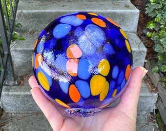 Cobalt Blue, Light Blue, Orange Spot Float, 4.5" Blown Glass Decorative Ball, Outdoor Garden Design Nautical Pond Sphere, Avalon Glassworks