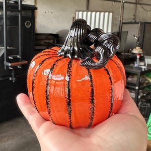 Blown Glass Pumpkin Sculpture: Orange & Black, Curly Stem, 4&quot; Decoration - Avalon Glassworks
