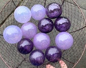 Purple Glass Floats, Set of 12 Small Decorative Hand Blown Balls, Lavender Amethyst Violet Outdoor Garden Art Orb Spheres, Avalon Glassworks