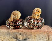Small Glass Pumpkins: Set of 2 Brown and Red Decorations, 2.5" & 2.75" Sculptures - Avalon Glassworks