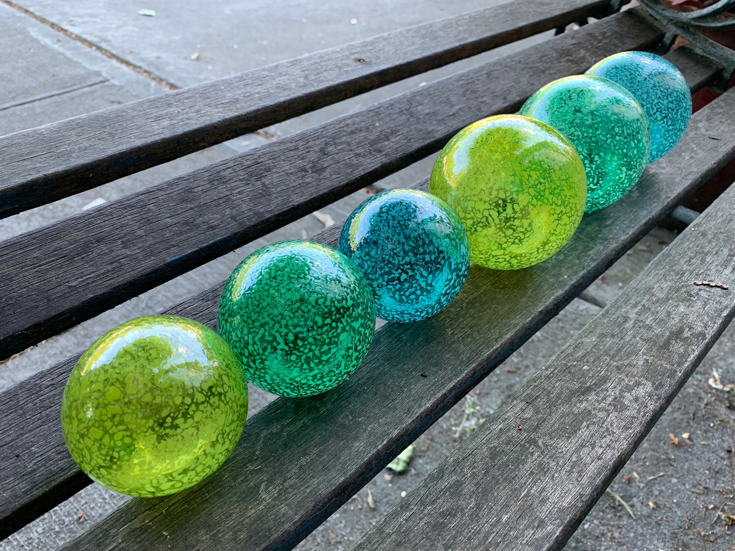 Garden Floats, Green Blue Aqua Glass Globes, Set of 6 Hand Blown